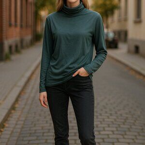 (163) 2X Women's Long Sleeve Green Turtleneck Ribbed Top